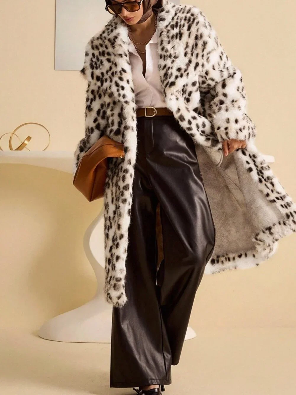 Apricot Party Women's Leopard Print Faux Fur Collar Long Coat